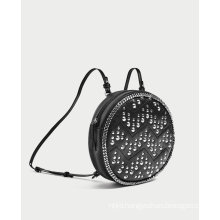 Round Leather Backpack in Black with Studs